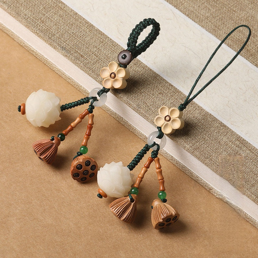 Lotus & Bodhi Car Keychain & Phone Charm - Spiritual Elegance, side view, lucky charm