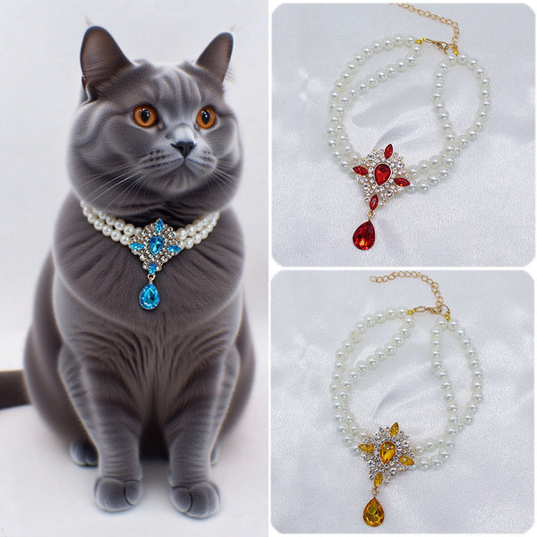 Elegant Pearl Crystal Collar – Gray cat wearing blue crystal pearl collar with red and yellow variants