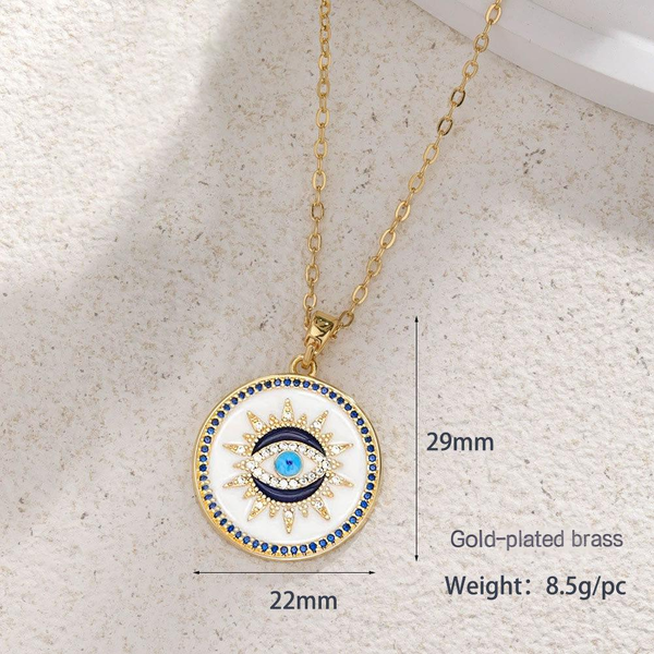 Gold Enamel Sunburst Evil Eye Necklace | White Disc, Blue CZ