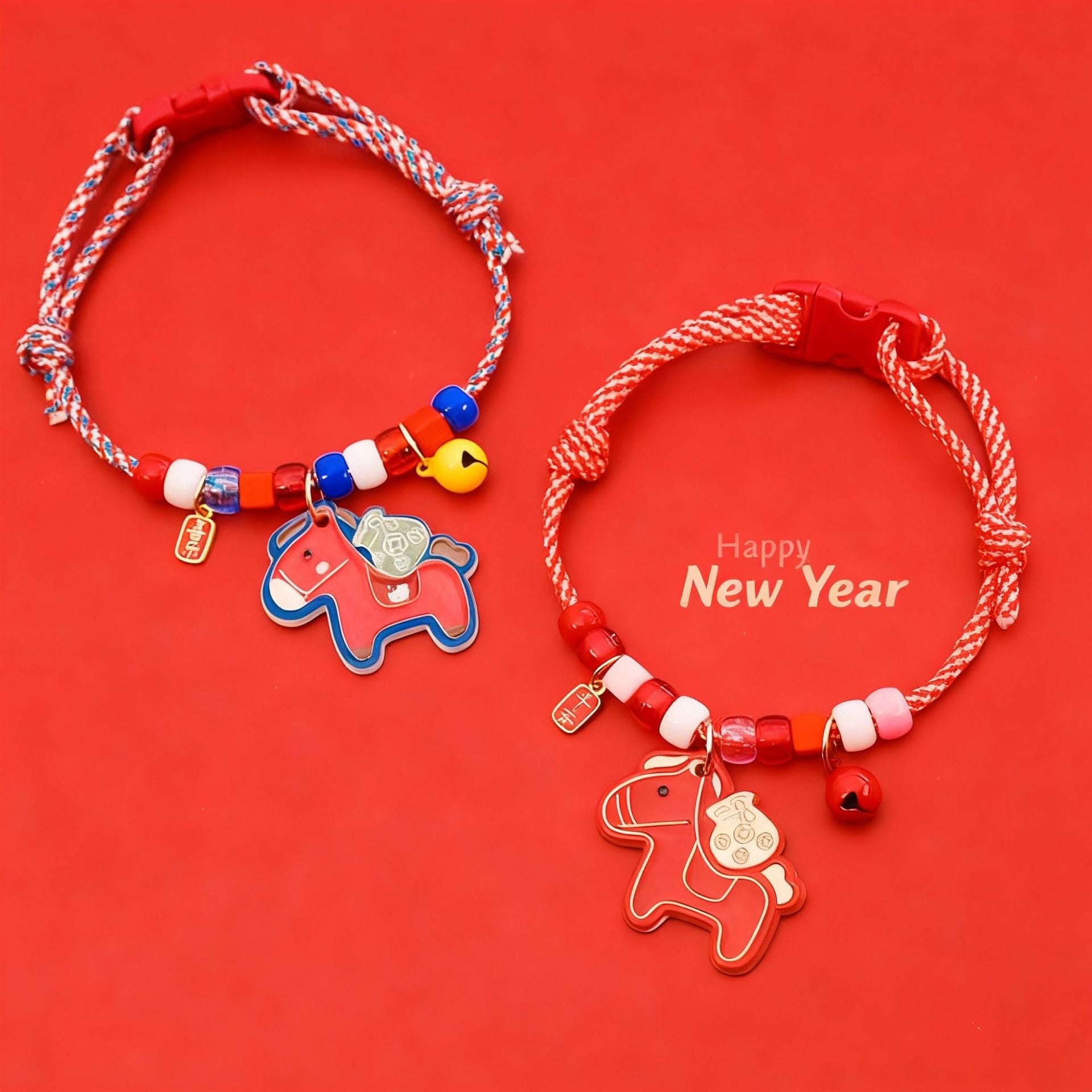 Horse Pet Collar – Blue-red & white ropes with horse pendants, bells & tags, two zodiac collars, CNY