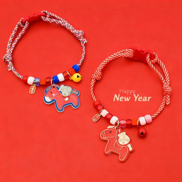 Horse Pet Collar – Blue-red & white ropes with horse pendants, bells & tags, two zodiac collars, CNY