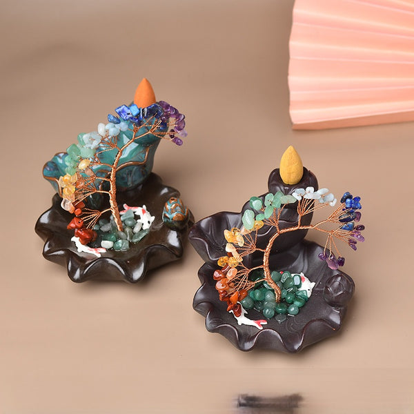 Rainbow Crystal Money Tree – two burners with cone incense, teal and brown lotus bases, lifestyle display, gift set