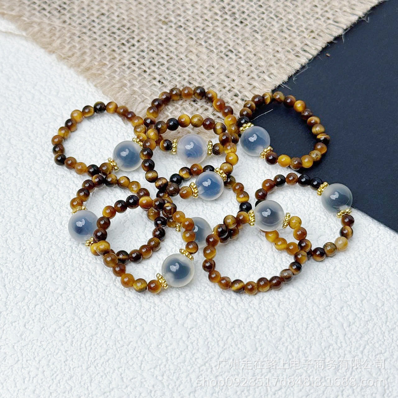 Tiger Eye Beaded Ring – Tiger eye beaded ring with gemstone center on textured background, crystal jewelry