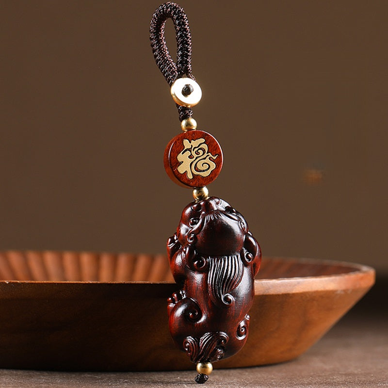 Red Sandalwood Pixiu Keychain for Car Keys, Lucky Charm Ornament
