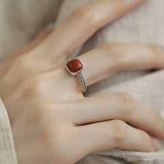 925 Silver Red Agate Sugar Cube Cut Openwork Ring, New Chinese Vintage Style