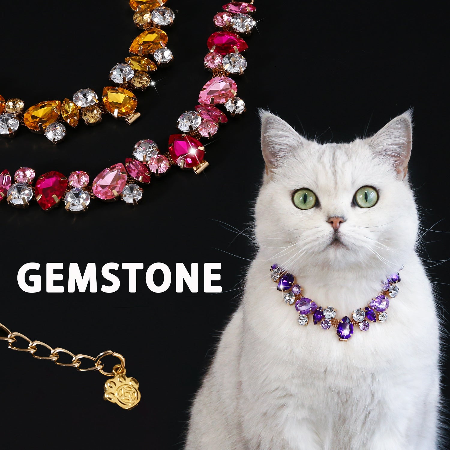 Pet Wedding Collar – Silver Persian cat wearing purple gemstone collar with pink and amber variants, luxury pet