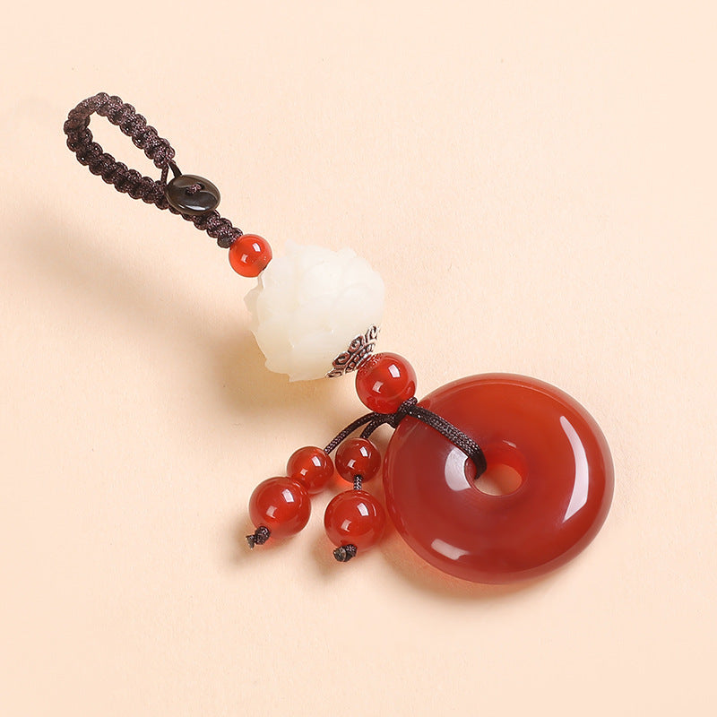 Agate Chalcedony Safety Knot Keychain – red agate Ping An Kou with white lotus bead detail