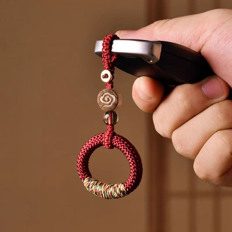 Handwoven Feng Shui Macrame Keychain – Black, front view, lucky charm
