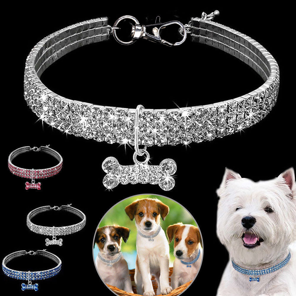 3-Row Rhinestone Elastic Pet Collar – Clear crystal stretchy band with bone charm, 3 color variants, bling dog collar