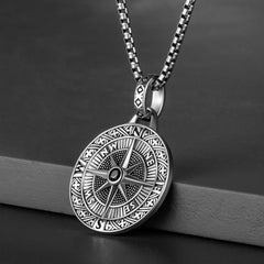 Brass Compass Necklace – vintage silver-tone compass pendant on box chain dark background, guidance jewelry