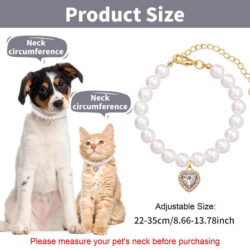 Princess Pearl Pet Collar - white pearl strand with gold crystal heart pendant on dog and cat, size guide, pet jewelry Main image