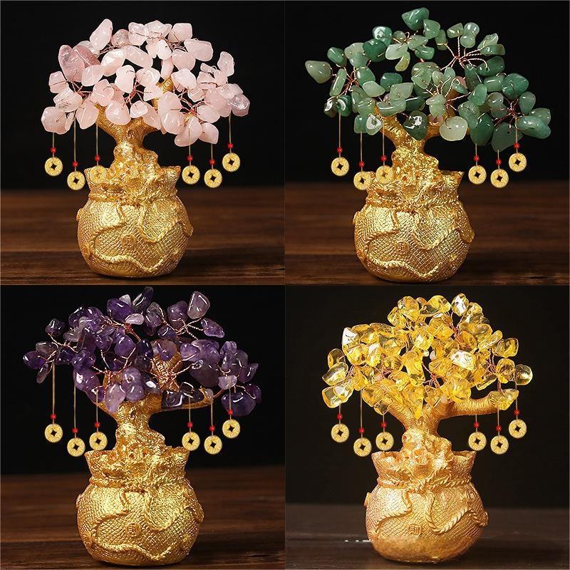 Crystal Money Tree Set – four color variants in grid pink green purple yellow, feng shui collection