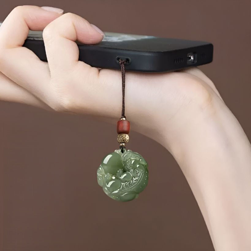 Ancient Style Pixiu Phone Strap & Keychain – Phone Charm / Green, front view, lucky charm