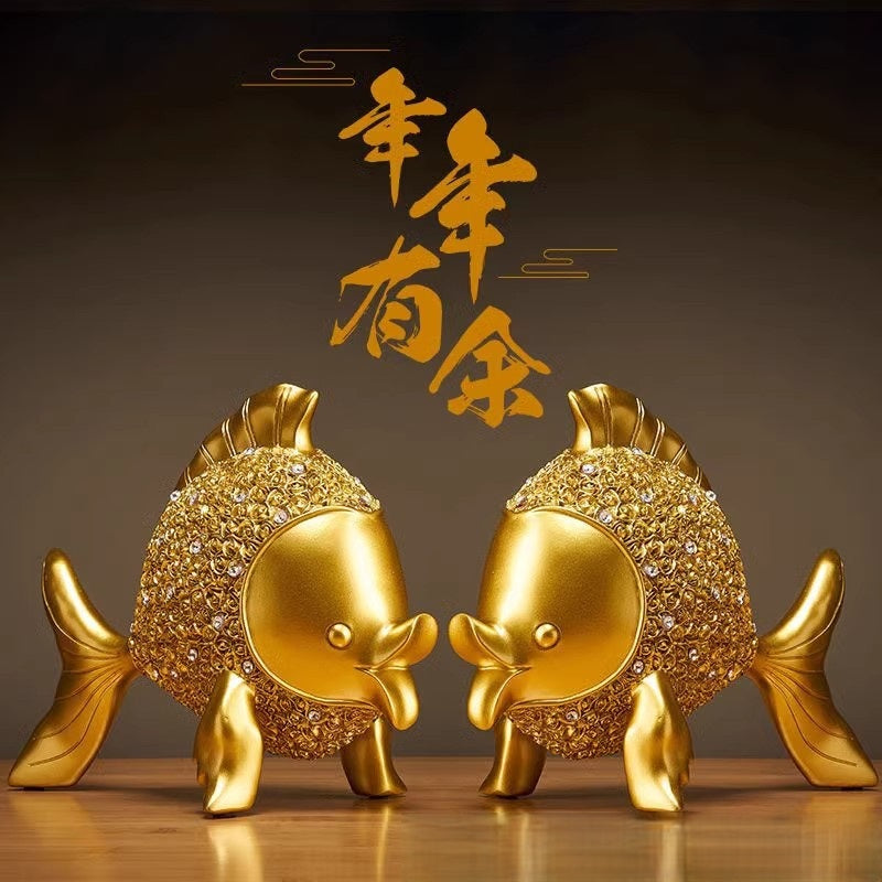 Lucky Goldfish Statue – pair of golden crystal-studded fish with Chinese calligraphy, feng shui wealth decor
