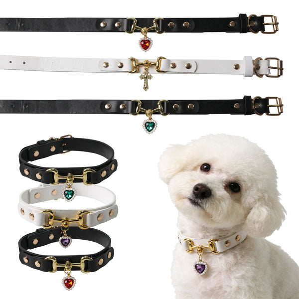 Adjustable PU Leather Dog Collar – White (Purple Heart), image 1, amulet necklace