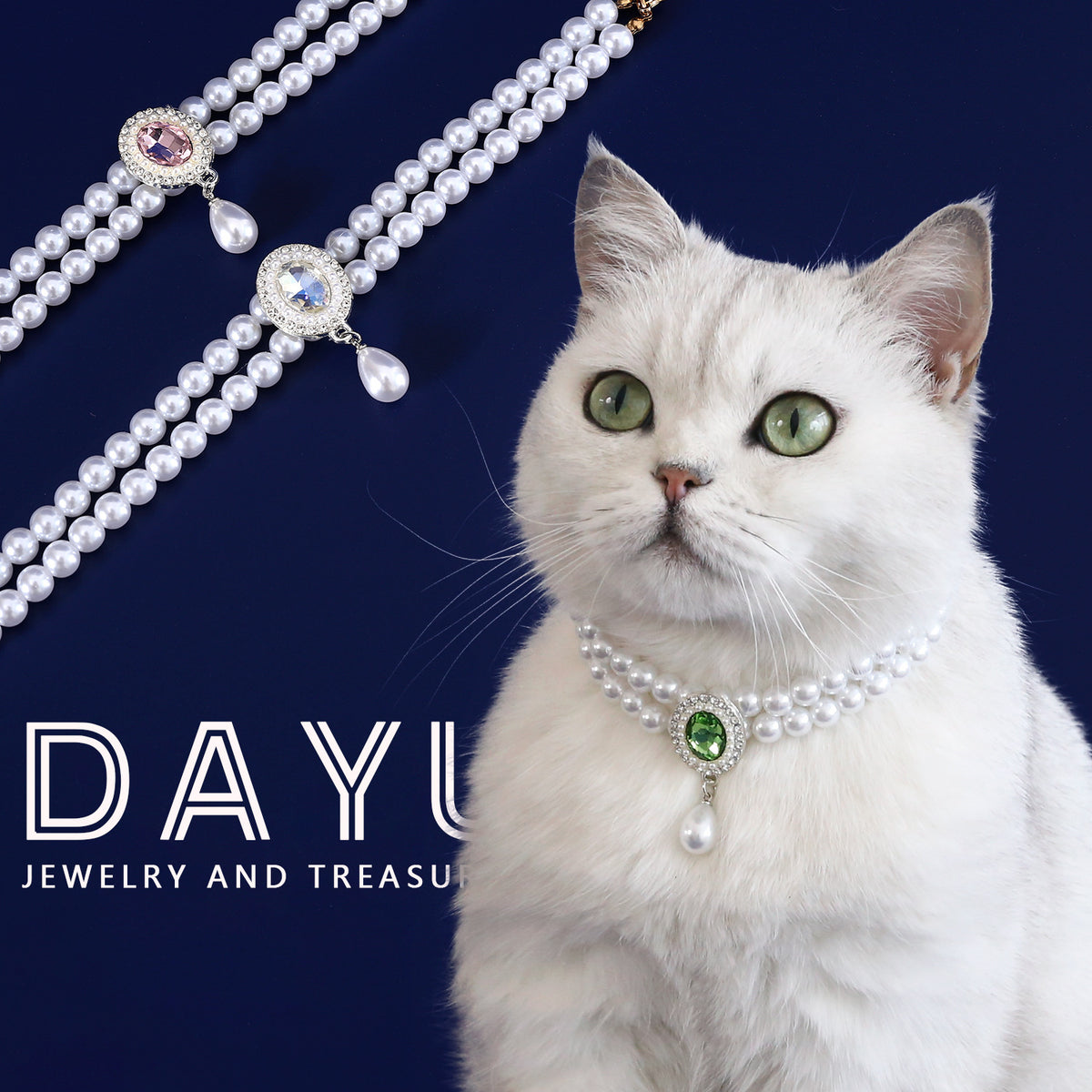 Luxury Pearl Pet Necklace – White cat wearing green gemstone pearl collar with three color variants displayed