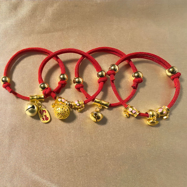 Feng Shui Bell Collar - Four red cord variants with bells yuanbao and Na Fu charms, adjustable lucky pet collar set
