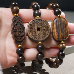 Natural Agarwood Carved Mala Bracelet, close-up detail, healing bracelet