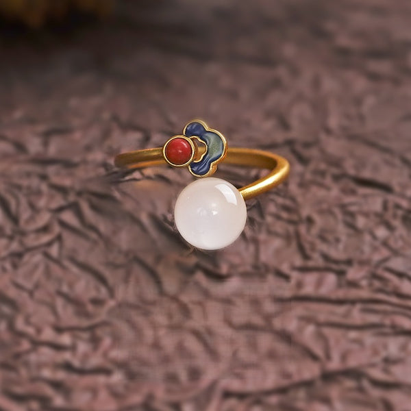 Hetian Jade Clouds Ring – white Hetian jade with blue auspicious cloud enamel on dark carved surface, jade ring