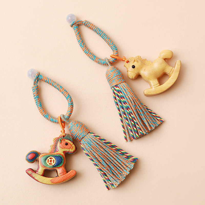 Rainbow Wooden Horse Keychain – pair of natural wood and painted rainbow horse charms with tassels