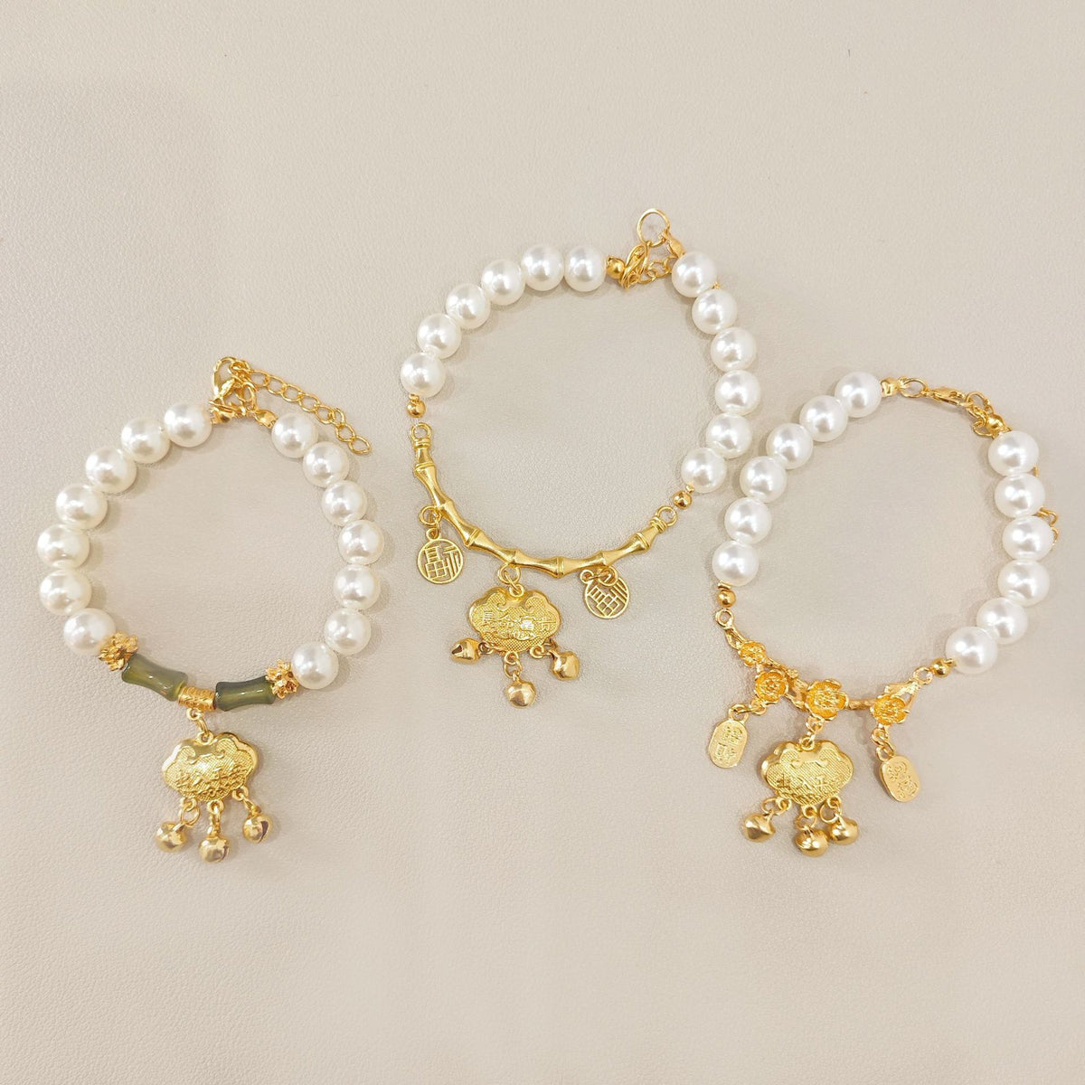 Three Chinese Pet Collars – Pearl beads, gold pendants with ruyi lock & bells, fortune necklace set