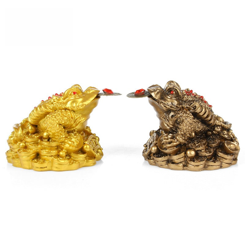 Gold & Bronze Toad Pair – two money frogs facing each other on white background, dual wealth protection set
