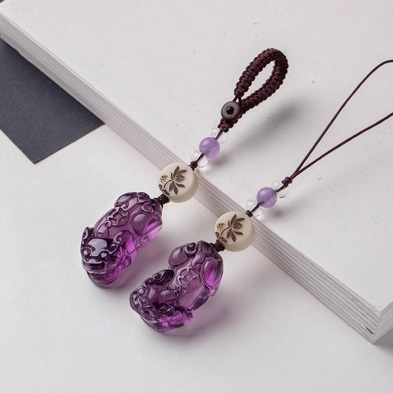 Amethyst Pi Yao Keychain, side view, lucky charm