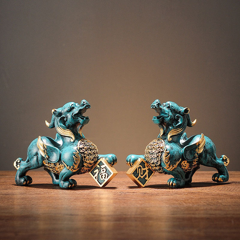 Pi Xiu Statue Pair – Teal patina pair close-up front view, detailed craftsmanship