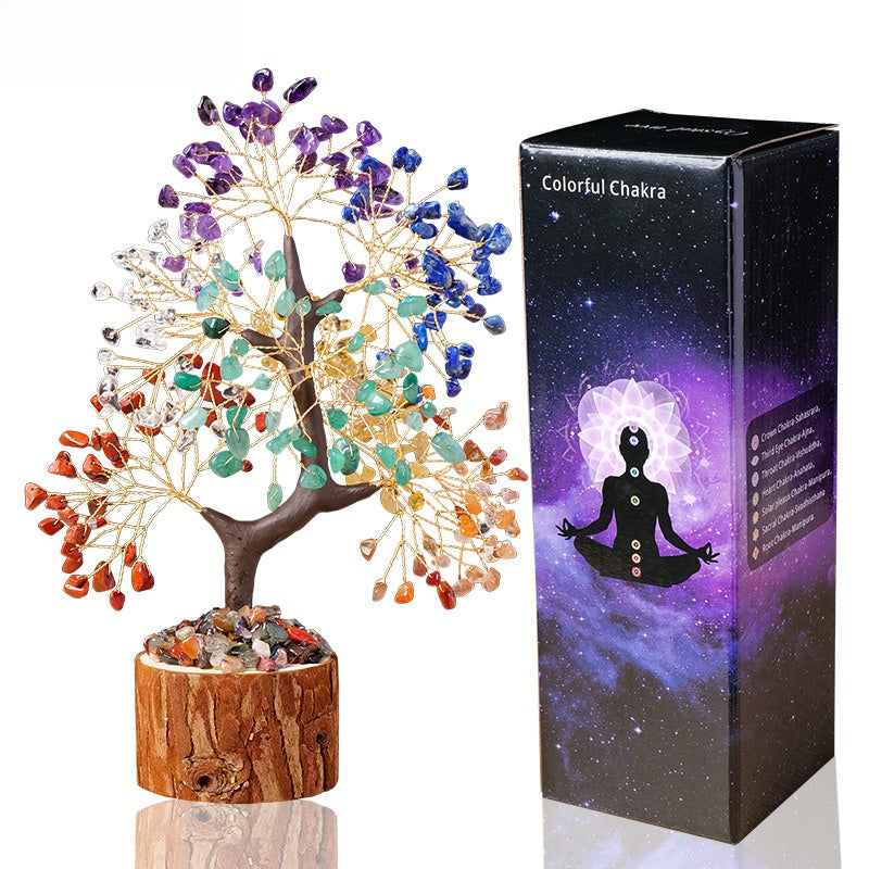 Colorful Crystal Wealth Tree – Rainbow chakra tree with gift box, present decor