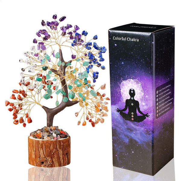 Colorful Crystal Wealth Tree – Rainbow chakra tree with gift box, present decor