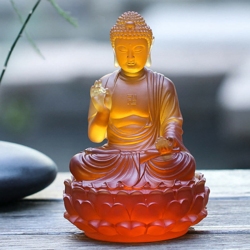 Sakyamuni Buddha Liuli Crystal Statue – Historical Buddha in translucent amber glass, spiritual decor