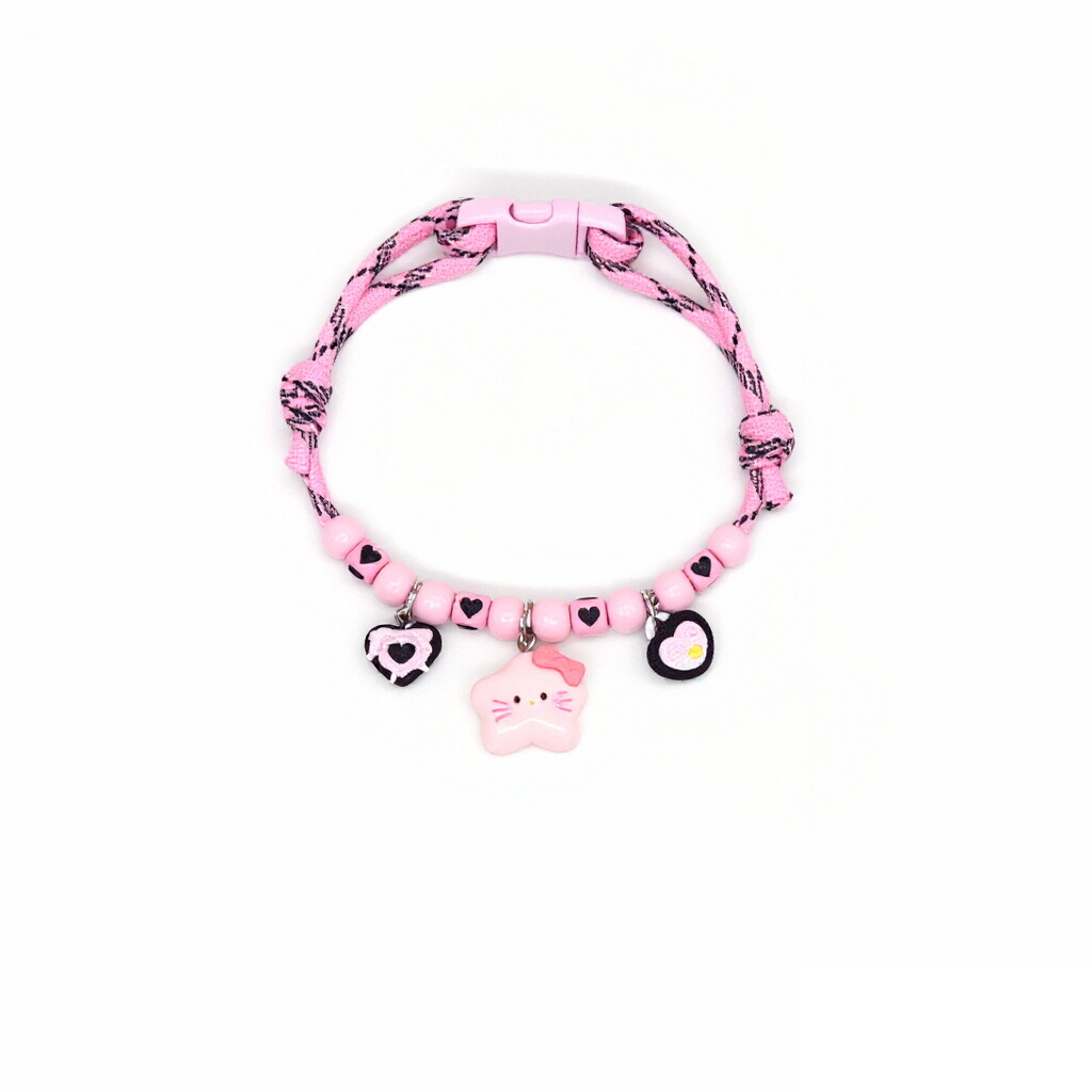 Cat Collar – Pink-black rope with cow heart, cat face star & heart charms, kawaii pet necklace