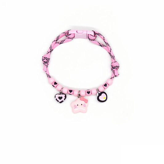 Cat Collar – Pink-black rope with cow heart, cat face star & heart charms, kawaii pet necklace