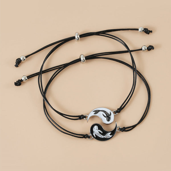 Yin Yang Hematite Bracelet - Dragon design interlocking pendants on black cords, couple jewelry