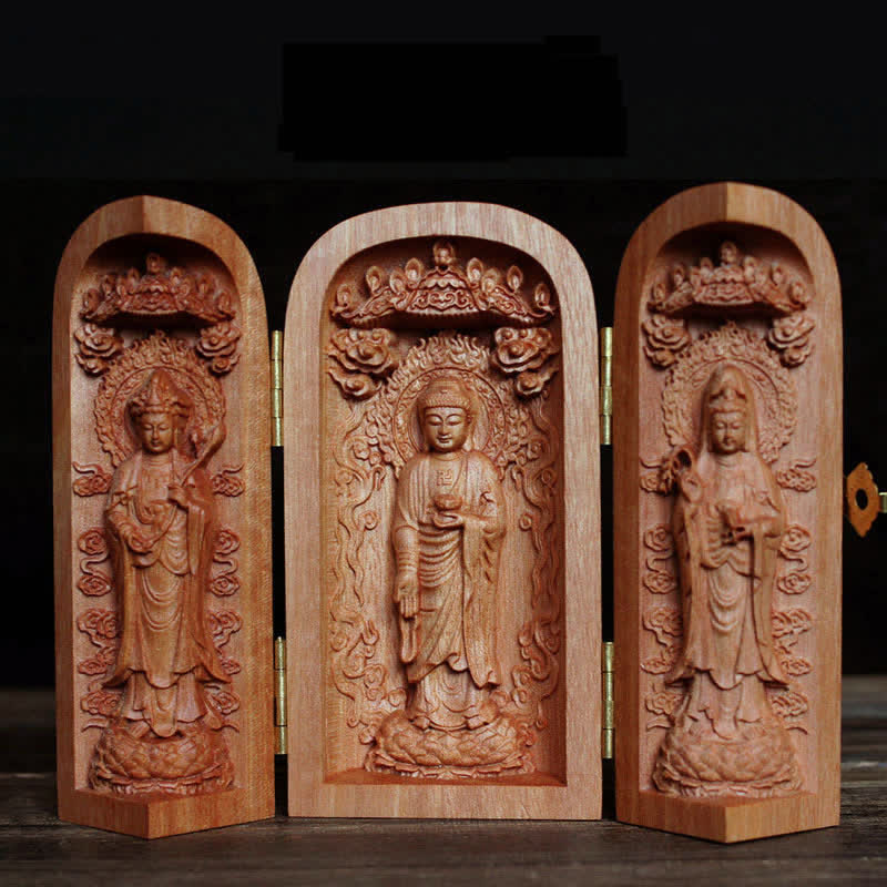 Cherry Wood Kwan Yin – close-up serene face, Buddha altar piece