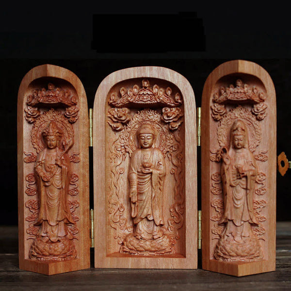 Cherry Wood Kwan Yin – close-up serene face, Buddha altar piece