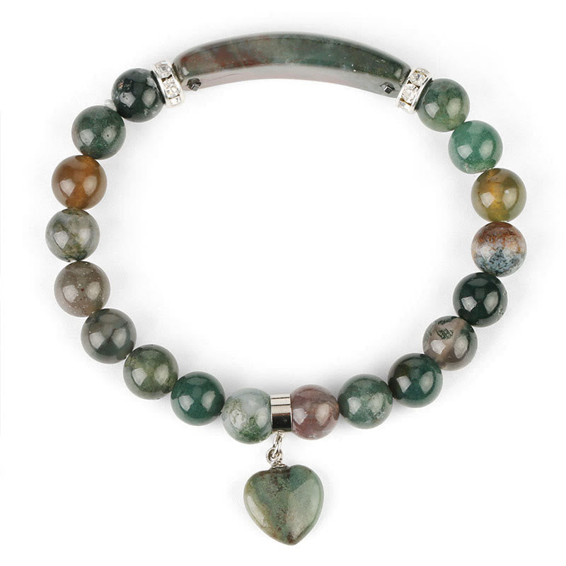 Natural Multi-Stone Love Heart Healing Bracelet - Green Indian Agate variant with moss agate beads, curved bar centerpiece, crystal-accented silver spacers, and heart charm