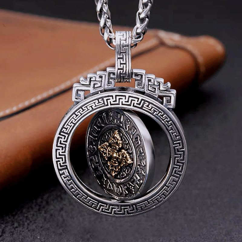 Double Dorje Vajra Rotatable Necklace – gold deity relief center with silver rotating frame, Tibetan men necklace