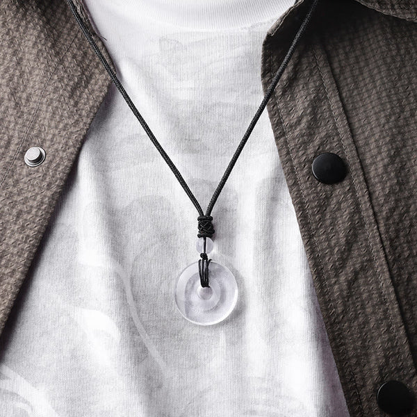 Lucky Coin Pendant Healing Crystal Gemstone Necklace – Brown and tan picture jasper bi disc pendant on black cord