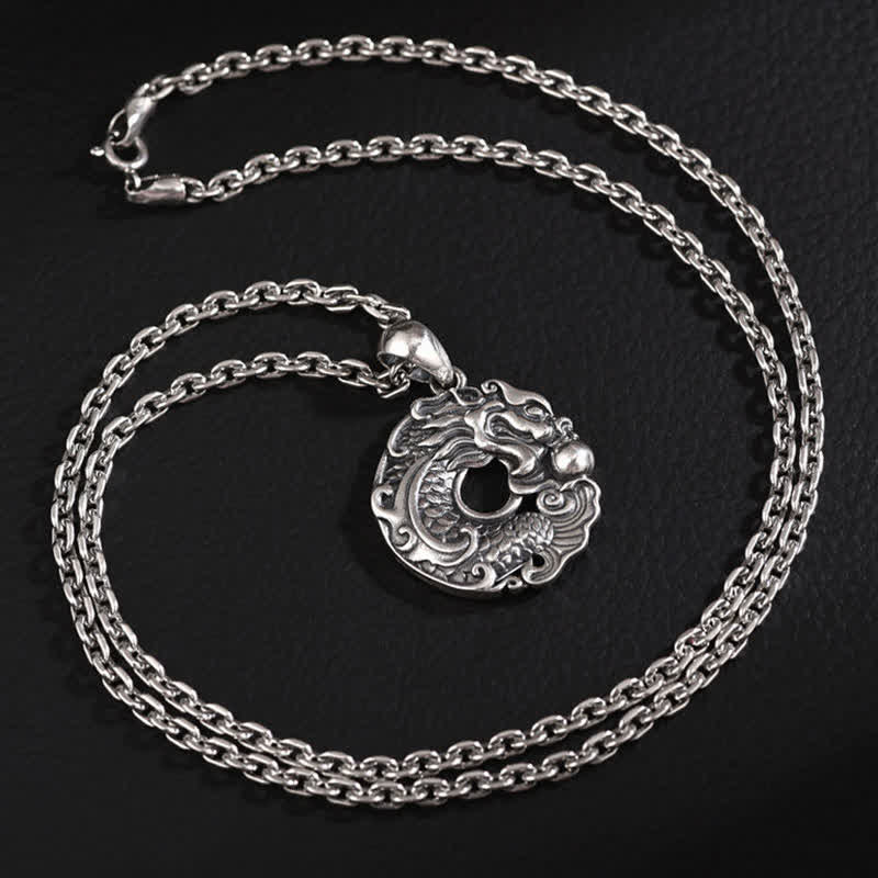 Koi Dragon Peace Buckle - worn on model displaying necklace drape and pendant size