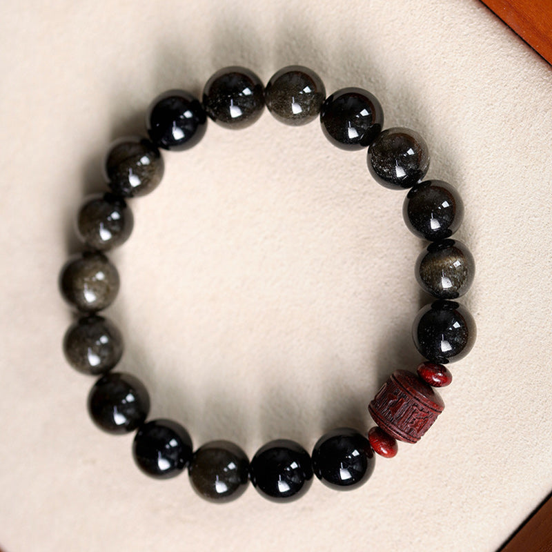 Gold Sheen & Rainbow Obsidian Fu Bracelet – obsidian beads on cream leather tray, spiritual jewelry