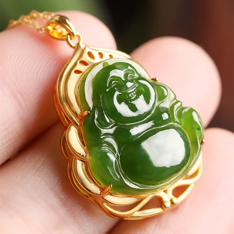 925 Silver Hetian Cyan Jade Laughing Buddha 18K Gold Necklace – woman neckline silver chain gleam, elegant Oriental necklace