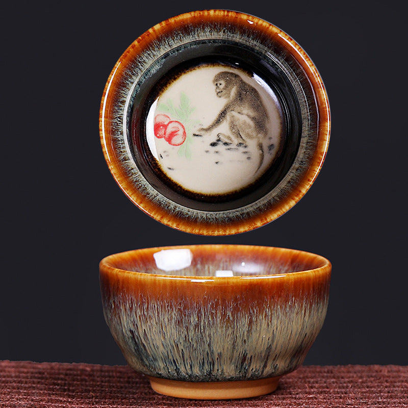 12 Zodiac Jian Zhan Teacup - Tiger zodiac with crouching tiger in bold ink strokes, oil spot glaze rim, dual perspective
