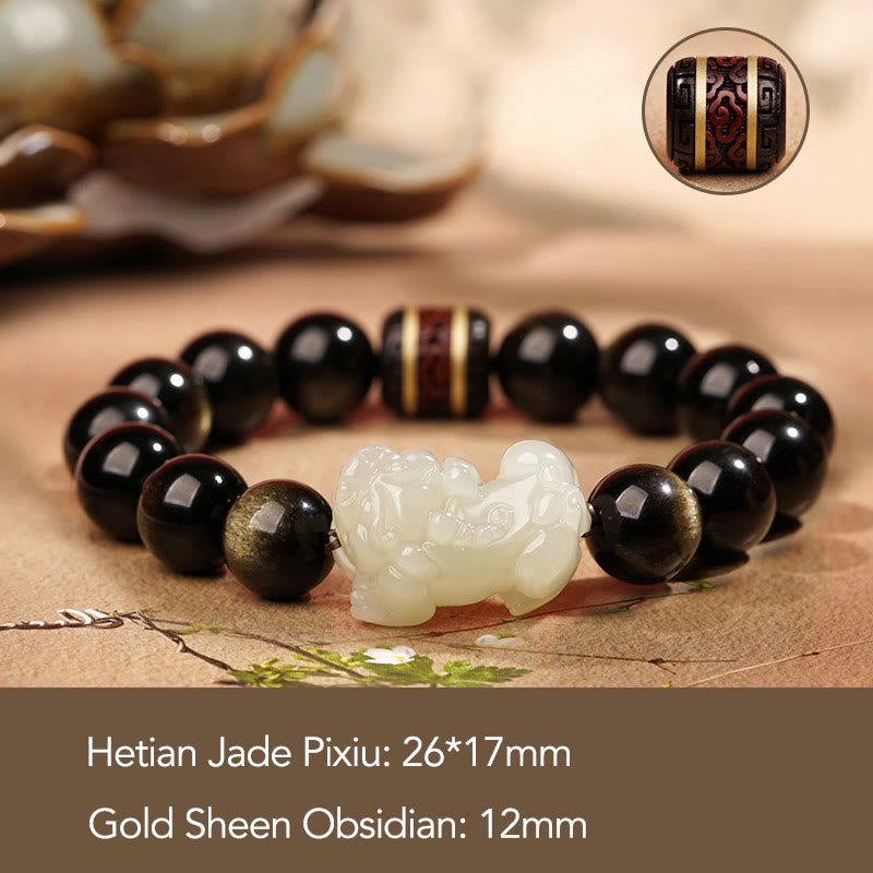 Gold Sheen Obsidian Hetian Jade PiXiu Wealth Bracelet – White jade PiXiu 12mm obsidian with size overlay, classic