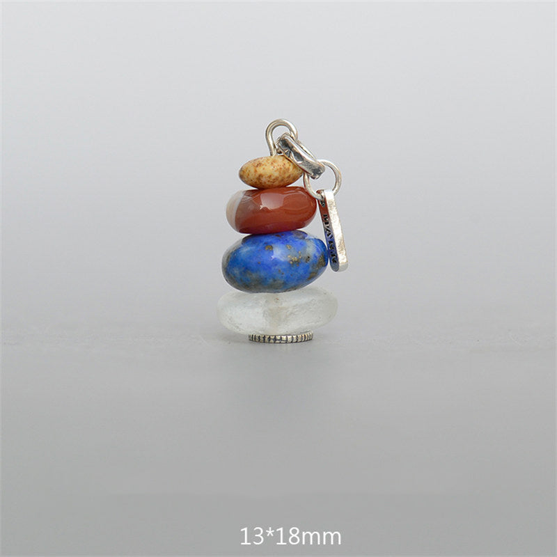 Zen Cairn Crystal Pendant – cream red blue clear stacked stone pendant with silver, 13x18mm gemstone charm