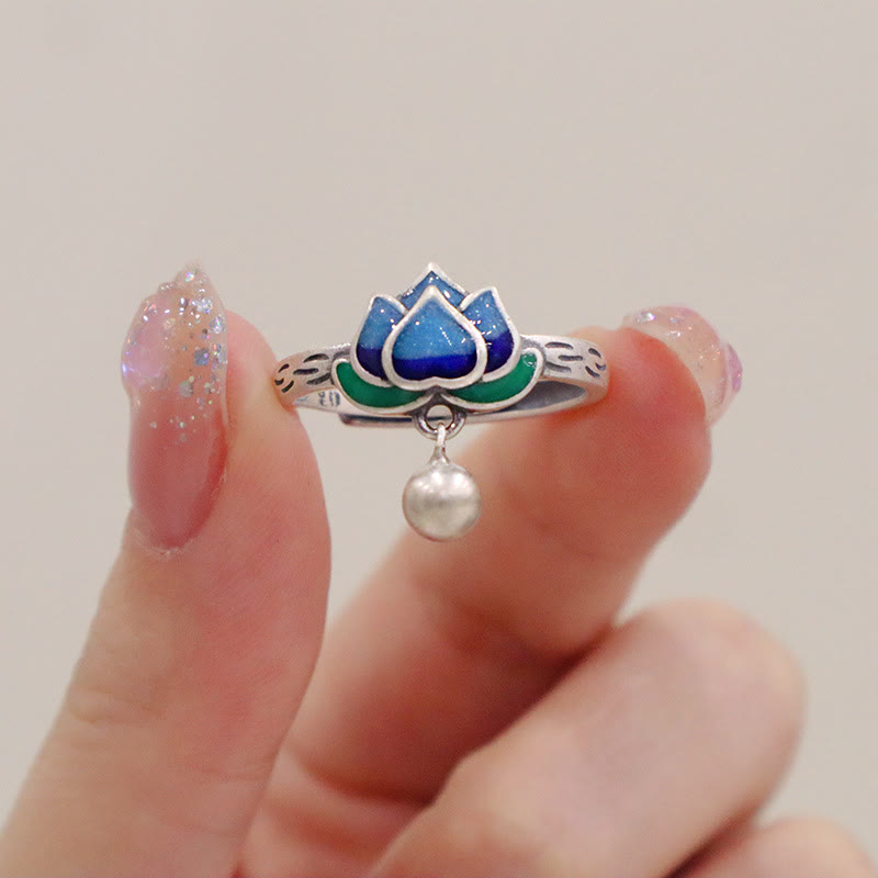 Lotus Flower Copper Ring - blue green enamel lotus held on fingers, adjustable silver, zen