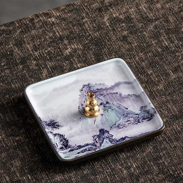 Ceramic Incense Plate – Ink-wash mountain landscape with brass gourd holder on dark woven fabric