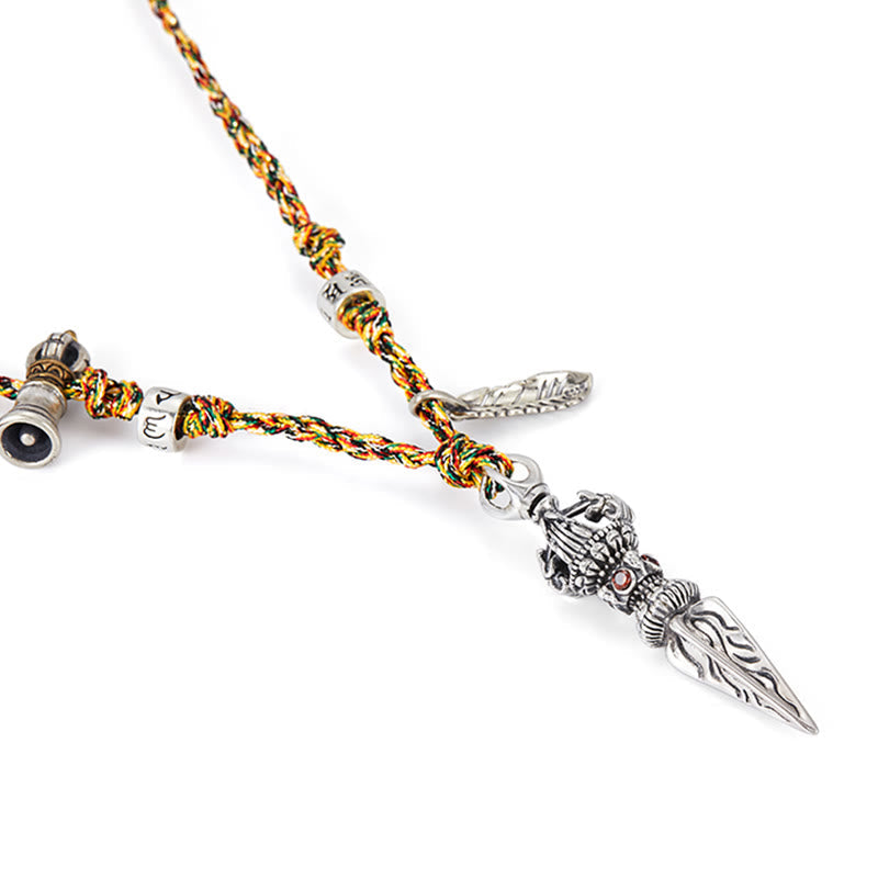 Dorje Vajra Pendant – Diagonal view with bell and leaf charms on braided cord, Buddhist amulet