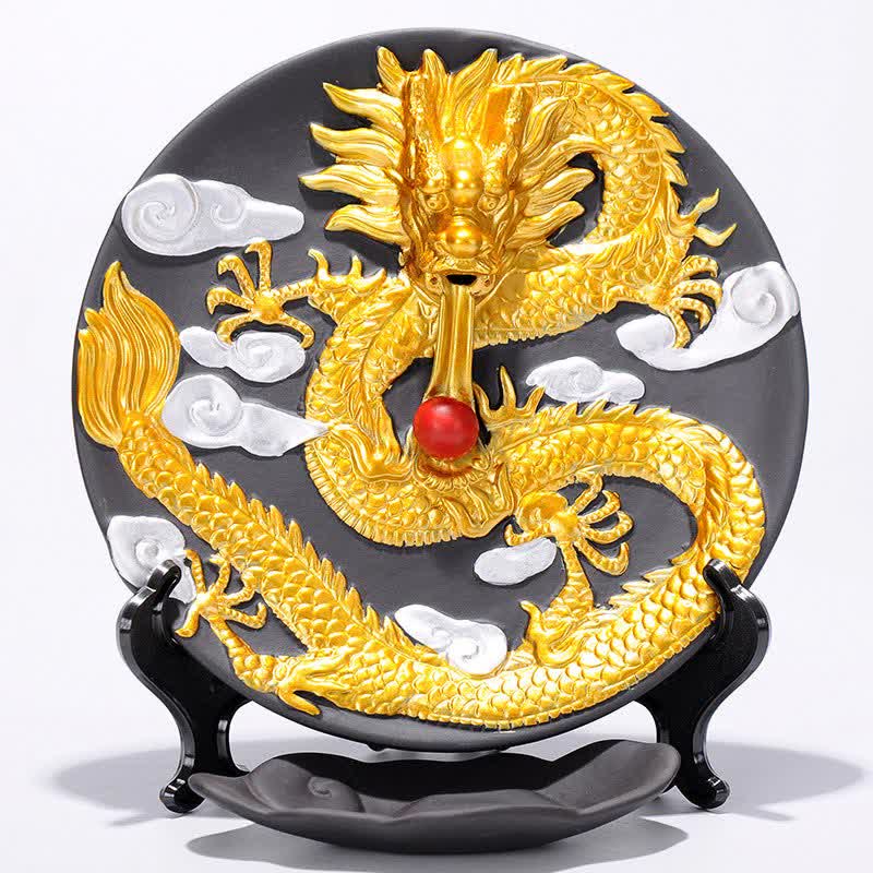 Dragon Incense Burner white background, gold dragon with lotus basin, backflow smoke catcher, meditation tool