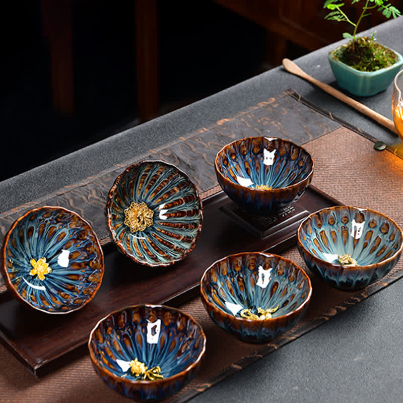 Lotus Peacock Dragon Phoenix Koi Fish Ceramic Teacup – dragon motif close-up, colorful glazed ceramic teacup